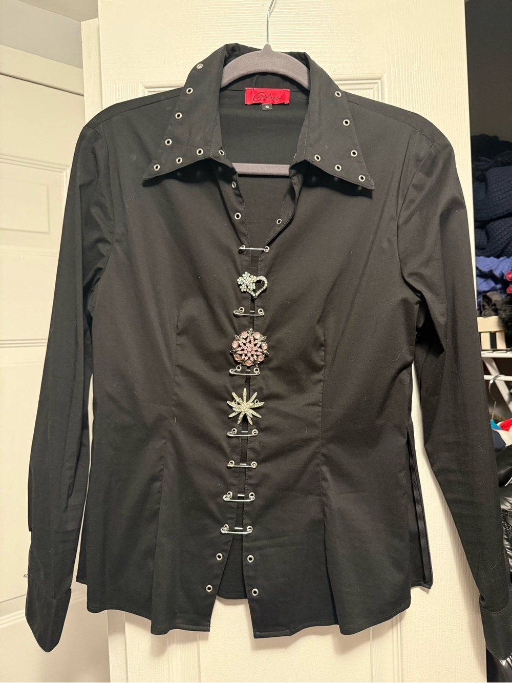 Embellished Black Button-Front Shirt with Decorative Brooches